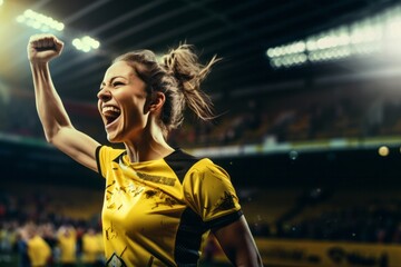 Portrait of a excited football player girl in football field