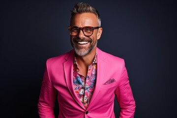 Fototapeta premium Portrait of a beautiful and handsome smiling, happy and pleased man with positive vibes. Human person dressed in fashionable, colorful and fun clothes. Generative AI, AI