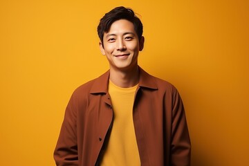 Obraz premium Portrait of a beautiful and handsome smiling, happy and pleased man with positive vibes. Human person dressed in fashionable, colorful and fun clothes. Generative AI, AI