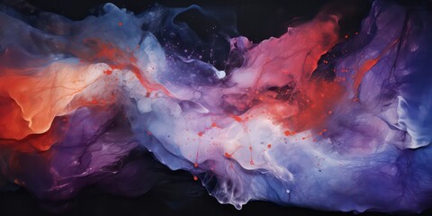 Style of wavy resin sheets with a color palette of dark violet and light orange, incorporating narrative diptychs, spiritual figures, interstellar nebulae, image noise, and shades of light black. - obrazy, fototapety, plakaty