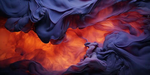Style of wavy resin sheets with a color palette of dark violet and light orange, incorporating narrative diptychs, spiritual figures, interstellar nebulae, image noise, and shades of light black.