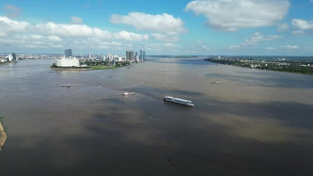 Drone footage above the Mekong in Phnom Penh and Chroy Changvar peninsula, Cambodia