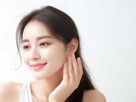 Asian woman smiling. Smooth healthy face skin. Skincare. Asian woman touch face. Beauty and cosmetics skincare advertising