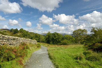 Fototapeta na wymiar Track through the quarries at Tilberthwaite to Little Langdale in the Lake District