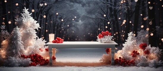 In the abstract winter wonderland, a wooden table adorned with a white floral frame becomes a space of celebration, as red and green leaves cascade down, accompanying nature's gift of Christmas joy.
