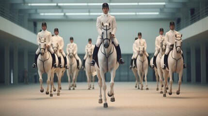 equestrian team practices synchronized riding routines. - obrazy, fototapety, plakaty