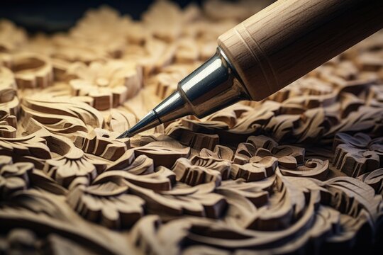 A detailed close-up view of a wooden carving featuring a pen. 