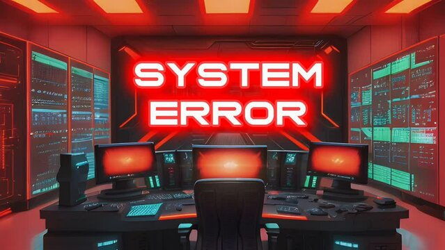 "SYSTEM ERROR" Text motion in big screen with modern computer room background. Cartoon or anime style. seamless looping 4K virtual video animation.