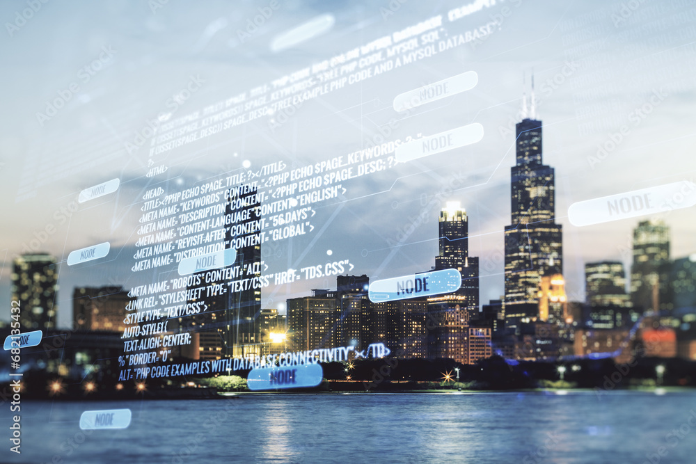 Poster multi exposure of abstract graphic coding sketch on chicago cityscape background, big data and netwo