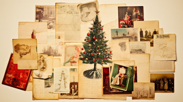 Christmas collage, arrangement of old vintage photos 