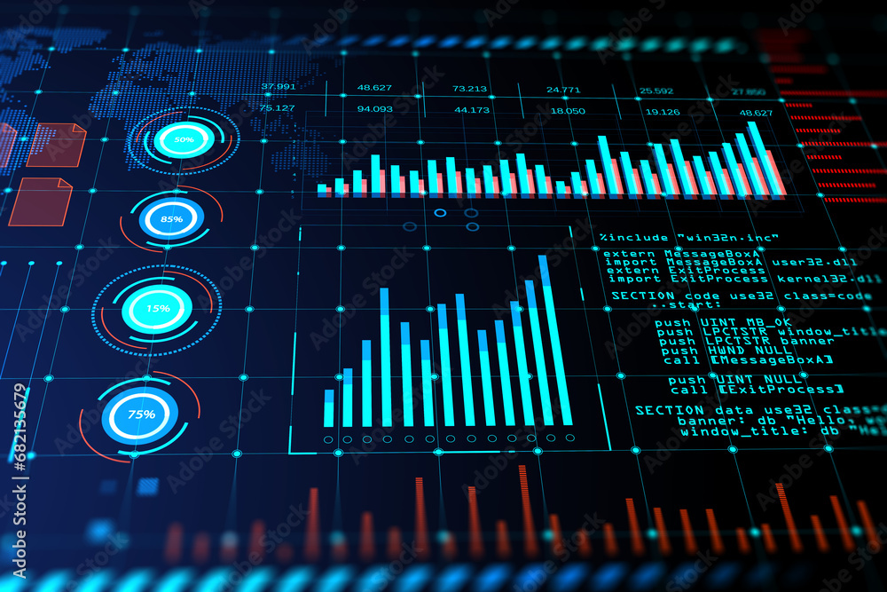 Poster Dynamic Financial Data Visualization on Digital Screen. 3D Rendering