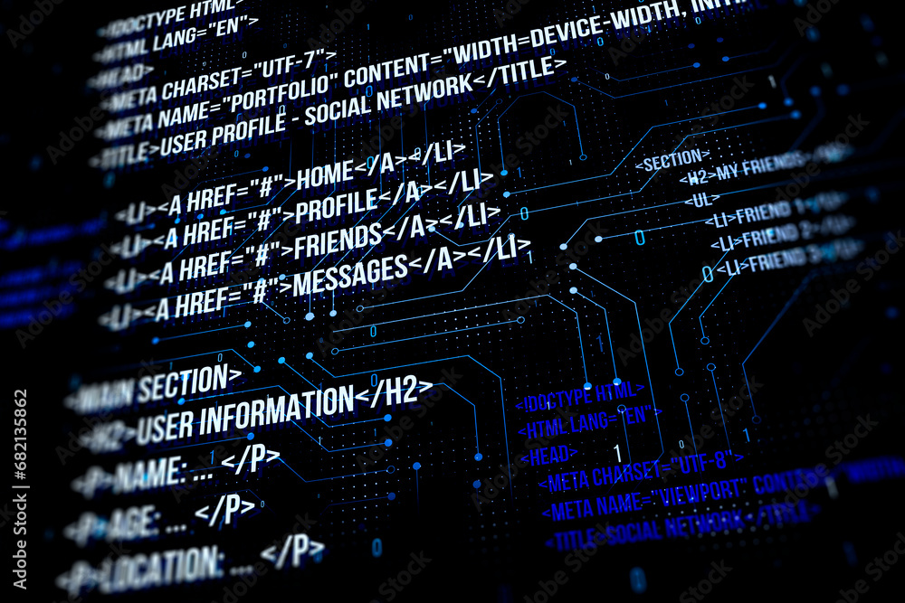 Poster Creative digital programming language on dark wallpaper. Software developer and html concept. 3D Rendering.