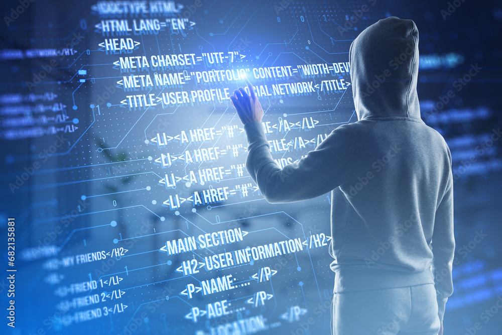 Poster Back view of hacker using creative digital programming language on blurry background. Software developer, hacking, malware and html concept. Double exposure.