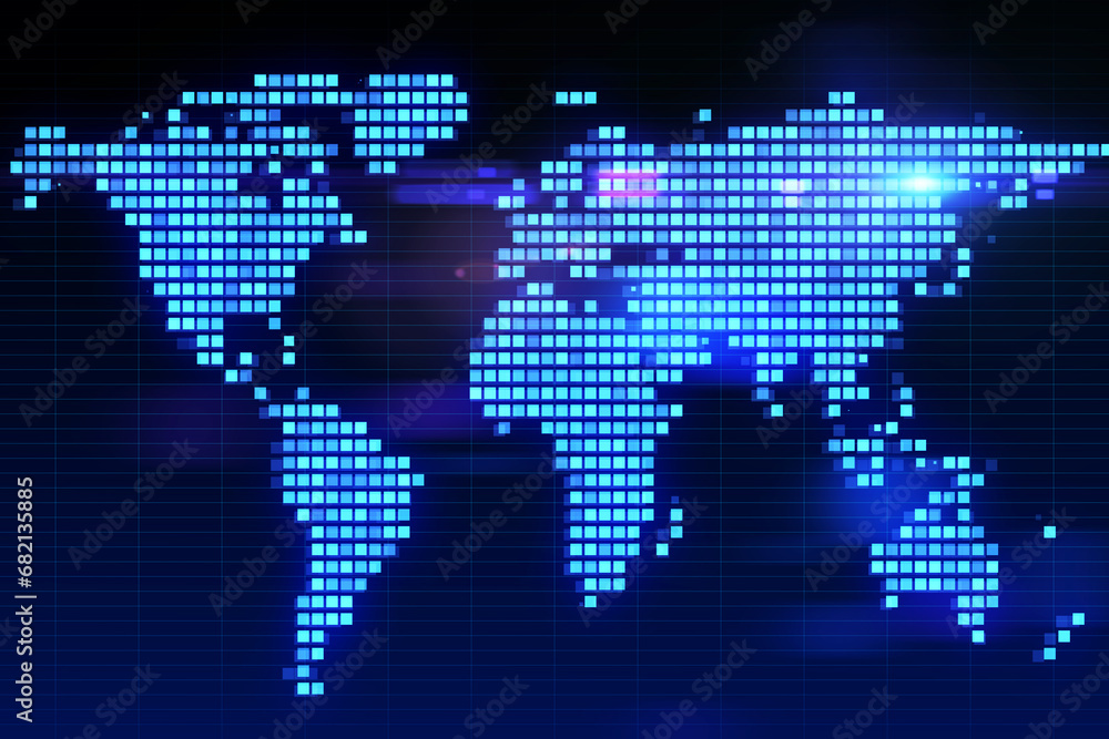 Poster Creative glowing digital pixel squares map of the world with spotlights. Global business concept. 3D Rendering.
