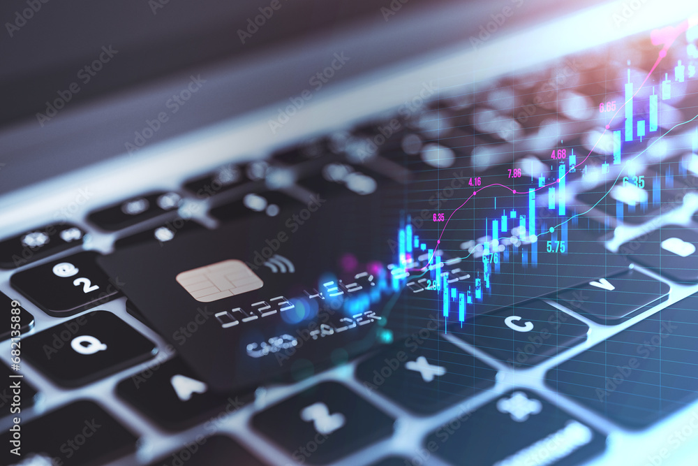 Poster close up of laptop computer with bank card glowing upward candlestick forex chart on blurry grid bac