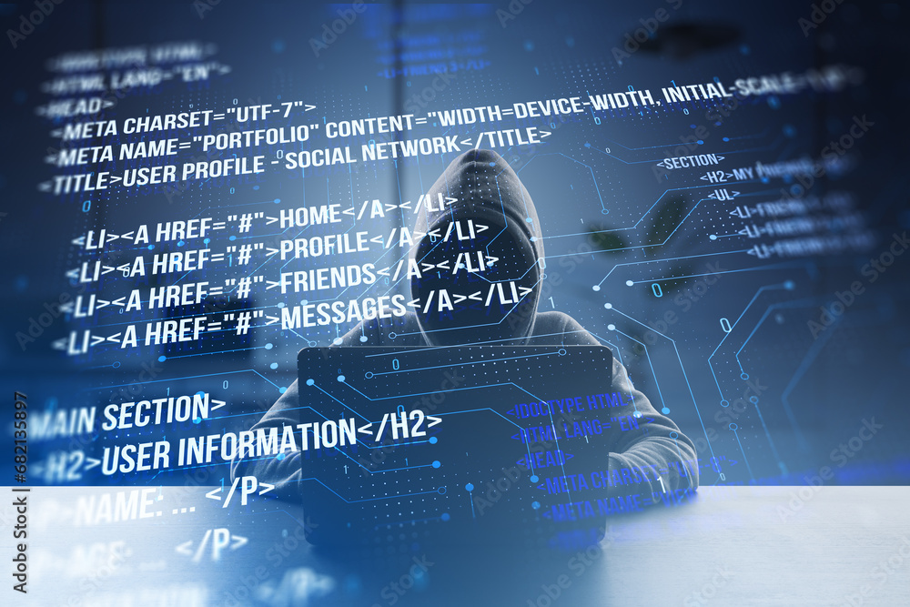 Aufkleber Front view of hacker using computers at desk with creative digital programming language on blurry background. Software developer, hacking, malware and html concept. Double exposure.