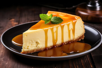 Cheesecake with caramel sauce on wooden background. Selective focus. - obrazy, fototapety, plakaty