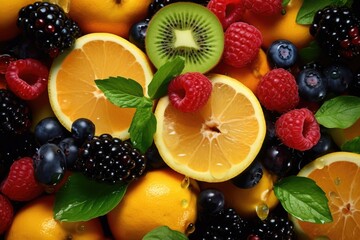 A close-up view of a bunch of various fruits. This image can be used for illustrating healthy eating, fruit salads, or a colorful fruit display