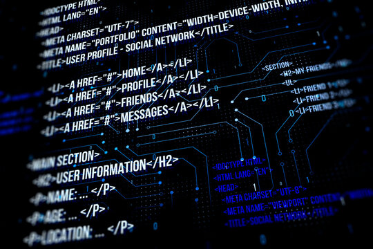 Creative digital programming language on dark wallpaper. Software developer and html concept. 3D Rendering.