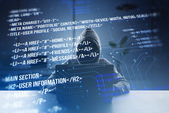 Front view of hacker using computers at desk with creative digital programming language on blurry background. Software developer, hacking, malware and html concept. Double exposure.