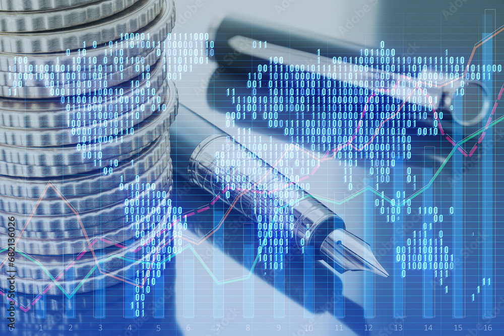 Poster close up of fountain pen and coins with glowing digital pixel squares map of the world with spotligh