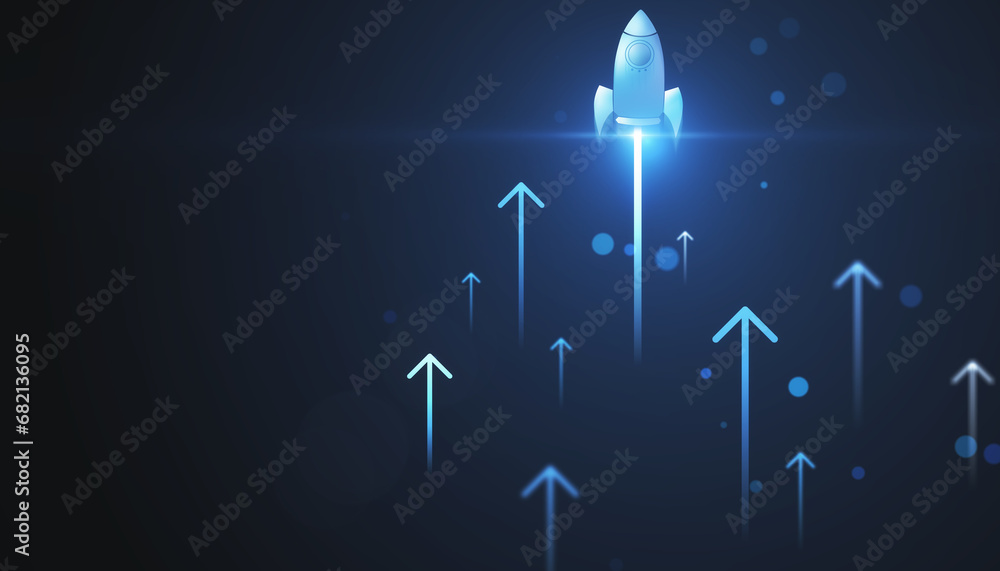 Poster Illuminated rocket symbolizing business growth with upward arrows on a deep blue backdrop. Startup and progress concept. 3D Rendering