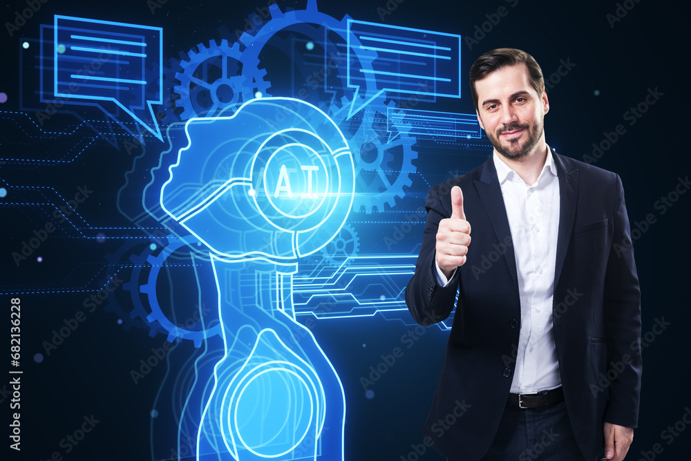 Poster attractive young european businessman showing thumbs up with glowing robot head and icons on dark bl