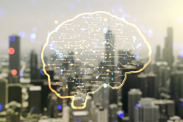 Fototapeta na wymiar Virtual creative artificial Intelligence hologram with human brain sketch on blurry skyscrapers background. Double exposure