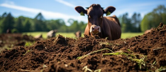In the natural environment, a stack of brown grass silage fills the air with the pungent smell of excrement, providing nourishment for the cattle and deer in the outdoor pasture, as they graze on the