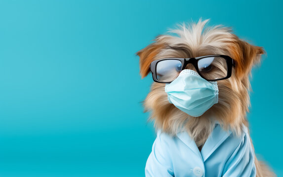 Funny nerd pet in Glasses and mask, jacket, funny look, 