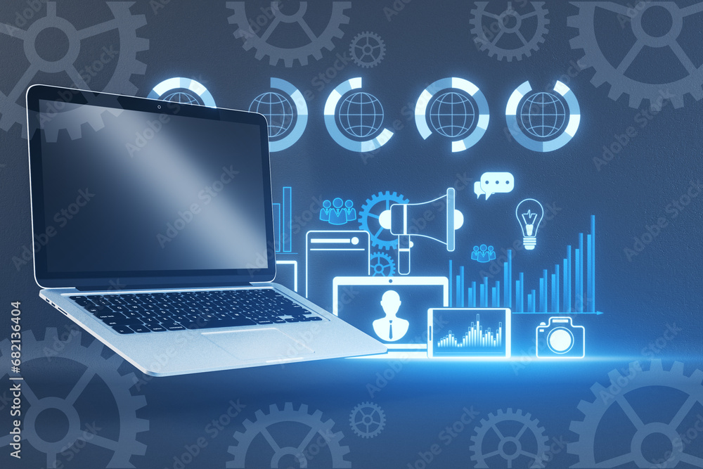Poster close up of laptop on desk with creative digital marketing hologram on blue background. promotion an