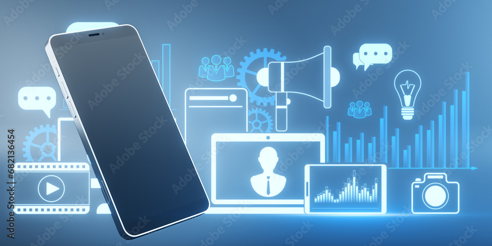 Poster close up of empty smartphone with mock up place and creative digital marketing hologram on blue back