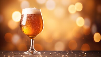 A glass of light beer with frothy foam against a background of blurred light