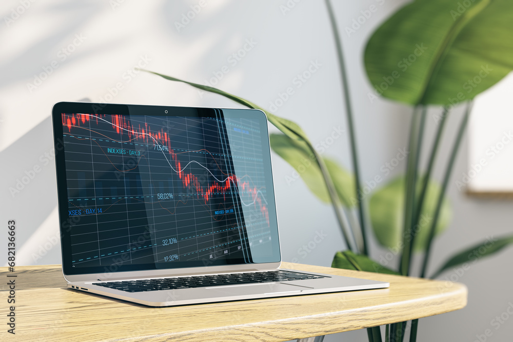 Poster laptop with negative stock market chart on wooden table in bright office. 3d rendering