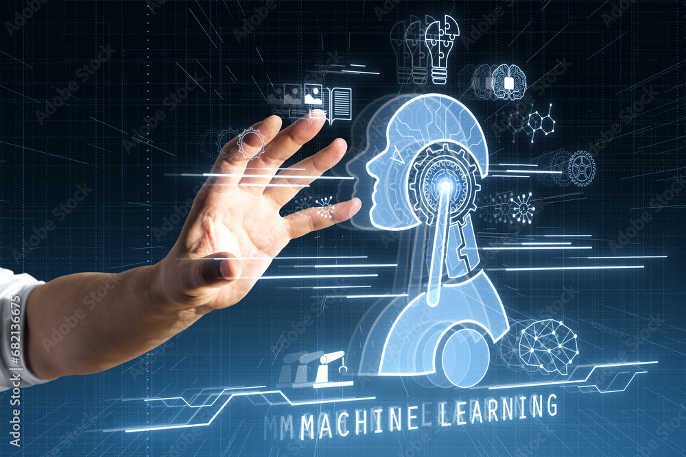 Poster Close up of businessman hand using glowing robot head and icons on dark blurry background. Chat GPT, machine learning and AI concept.
