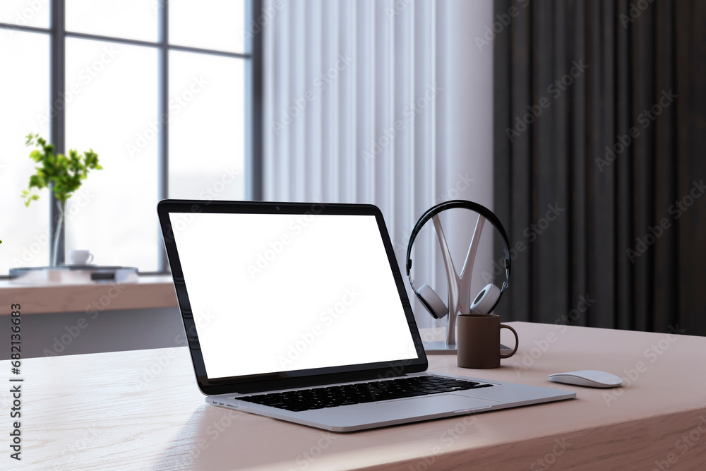 Poster close u of modern designer desktop with empty white mock up laptop, coffee cup, other items and wind