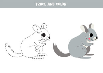 Trace and color cartoon gray chinchilla. Worksheet for children.