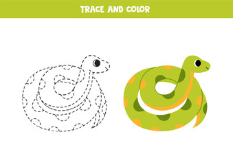 Trace and color cartoon green anaconda. Worksheet for children.