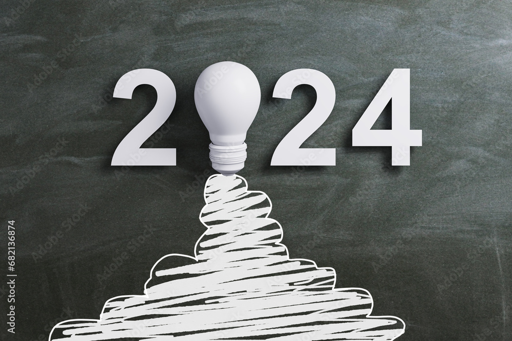 Poster white lightbulb drawing and 2024 on chalkboard, depicting strategic planning for the future. 3d rend