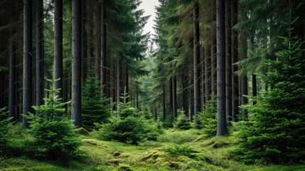 Spruce evergreen forest - obrazy, fototapety, plakaty