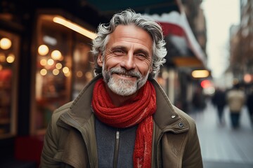 Portrait of a beautiful and handsome smiling, happy and pleased man with positive vibes. Human person dressed in fashionable, colorful and fun clothes. Generative AI, AI