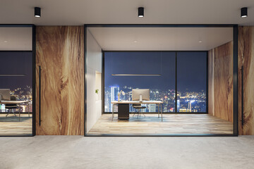 Modern glass office hall interior with wooden and concrete walls, window with night city view. 3D Rendering. - obrazy, fototapety, plakaty