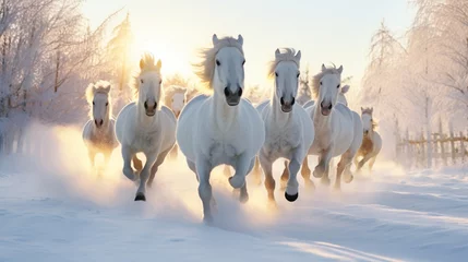 Foto op Plexiglas Horses frolic in the snow-covered paddock during a beautiful winter morning. © Muzamil