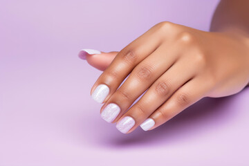 Fototapeta premium A woman's hands featuring gel nails with bright and stylish colors, embodying a blend of creativity and beauty synonymous with professional salon care.