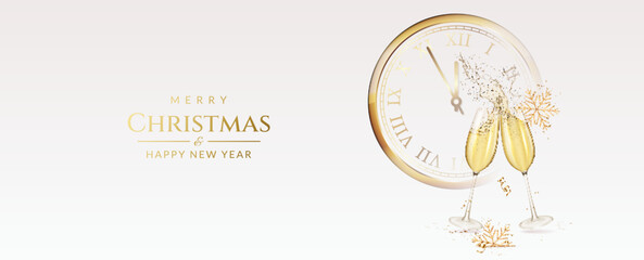 Christmas and New Year greeting card with transparent realistic two glasses of champagne with clock, ribbons, snowflakes and confetti. - obrazy, fototapety, plakaty
