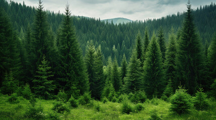 Spruce evergreen forest - obrazy, fototapety, plakaty