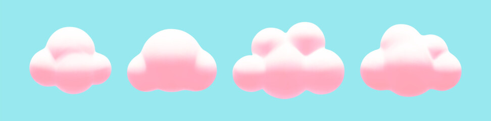 Cartoon 3d pastel pink fluffy clouds set. Vector soft dream cloud on blue background. 3d Render bubble shape, round geometric cumulus illustration for design, game, app - obrazy, fototapety, plakaty
