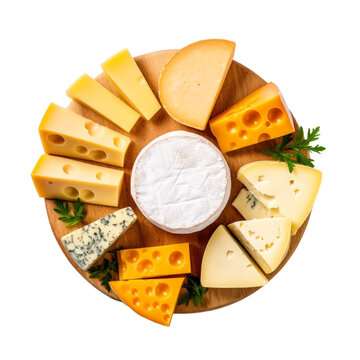 Top view of assorted cheese board with cut cheeses and herbs on a transparent background, perfect for a gourmet cheeseboard.