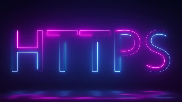 3d render, glowing neon HTTPS text animation on dark background, technology video material animation