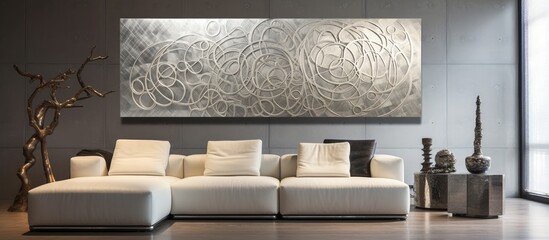 The abstract design on the wall showcased an intricate mix of textures, with a silver plate adorned in an array of metals such as steel, iron, aluminum, and alloy, resulting in a mesmerizing blend of